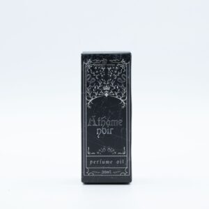 Frasco negro mate de aceite de perfume Athame Noir de 30 ml con cuentagotas junto a su caja ilustrada