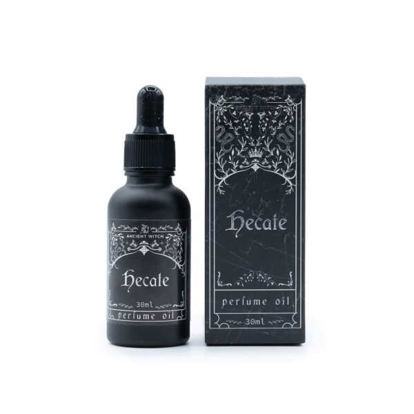 Frasco de aceite de perfume Hécate de 30 ml con cuentagotas junto a su caja negra con ilustración plateada