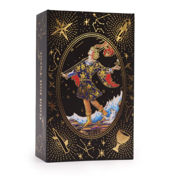 Caja negra de tarot con lámina dorada y la figura del Loco en la tapa
