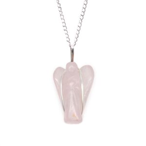 Colgante de ángel de la guarda tallado en cuarzo rosa con hilo y cadena bañados en plata