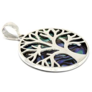 Colgante redondo de plata con árbol de la vida calado sobre abalón azul y verde
