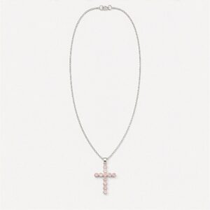 Colgante de cruz con baño de plata y piedras rosa facetadas, con cadena de 45 cm
