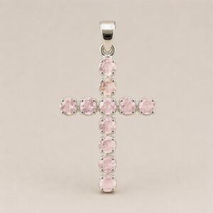Colgante de cruz con baño de plata y piedras rosa facetadas, con cadena de 45 cm