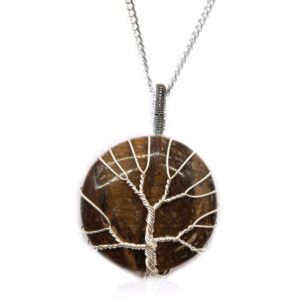 Collar árbol de la vida plateado sobre piedra redonda de ojo de tigre