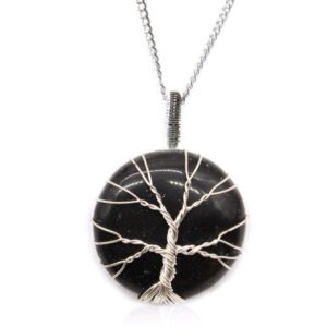 Colgante redondo de ónix negro con árbol de la vida plateado y cadena
