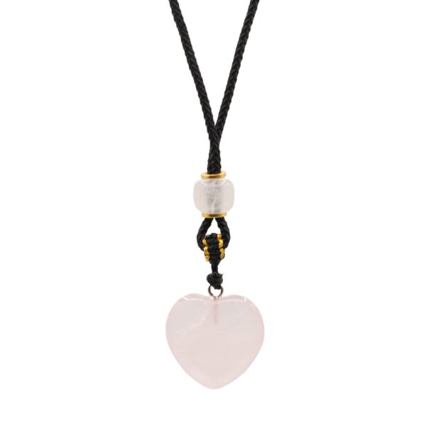 Collar con corazón de cuarzo rosa en cordón negro ajustable