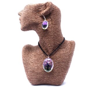 Conjunto de colgante y pendientes ovalados de vidrio con árbol de la vida de flores prensadas lila, en su caja