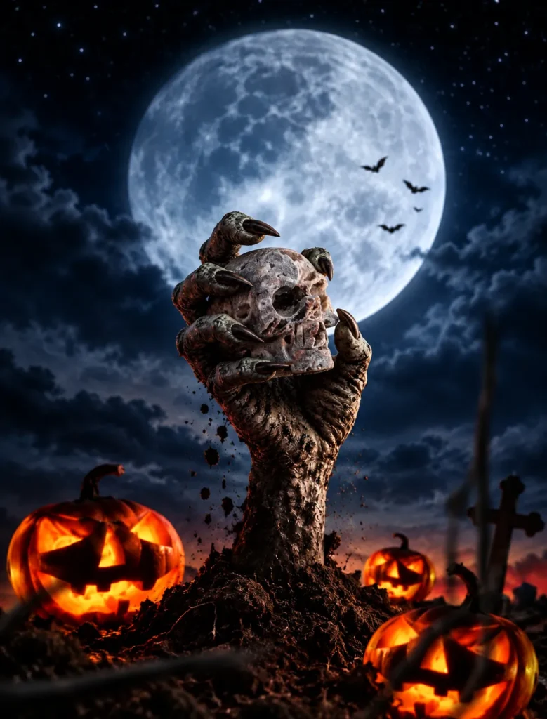 Halloween 19 Cráneo tallado en geoda bajo la luna llena