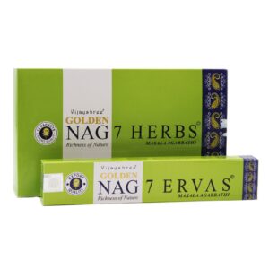 Inicio 11 Paquete de incienso Golden Nag 7 Ervas de 15 g, verde, delante de la caja expositora 7 Herbs