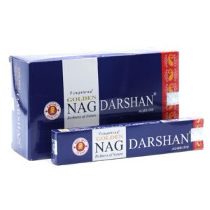 Inicio 12 Paquete de incienso Golden Nag Darshan de 15 g, azul, delante de su caja expositora