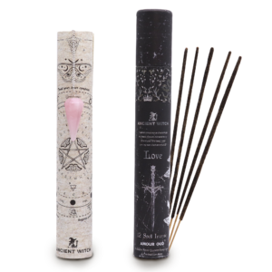 Tubo negro de incienso ritual Amor con péndulo de cuarzo rosa y varillas