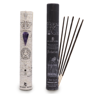 Tubo negro de incienso ritual Seducción con péndulo de amatista y varillas