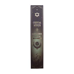Caja de incienso de ruda con labradorita, funda verde oscuro con luna