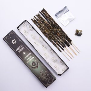 Caja de incienso de ruda con labradorita, funda verde oscuro con luna