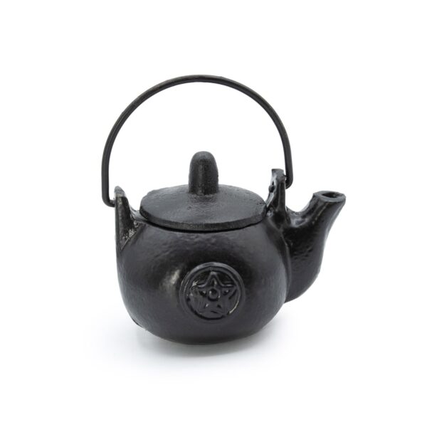 Olla ritual pequeña de hierro fundido negro con tapa, asa, pico y pentáculo en relieve