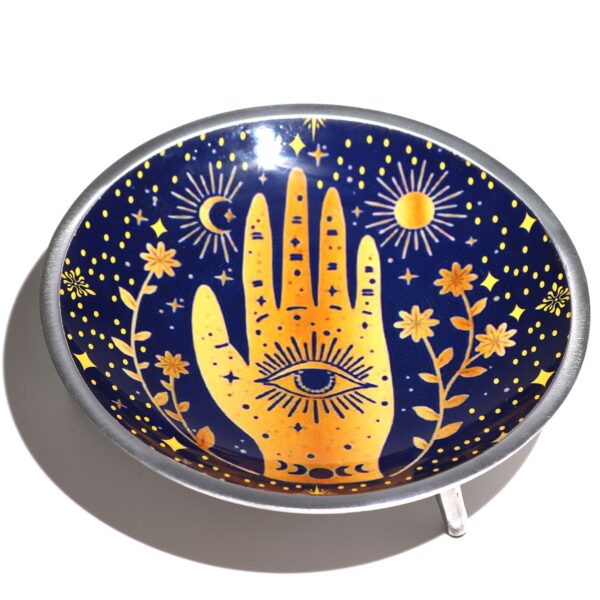 Plato de ofrendas de aluminio esmaltado azul medianoche con mano de Fátima dorada y tres patas