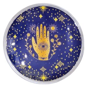 Plato de ofrendas de aluminio esmaltado azul medianoche con mano de Fátima dorada y tres patas