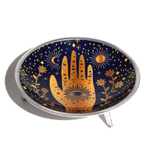 Plato de ofrendas de aluminio esmaltado azul medianoche con mano de Fátima dorada y tres patas