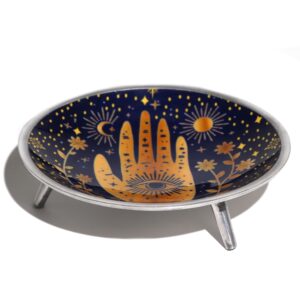 Plato de ofrendas de aluminio esmaltado azul medianoche con mano de Fátima dorada y tres patas