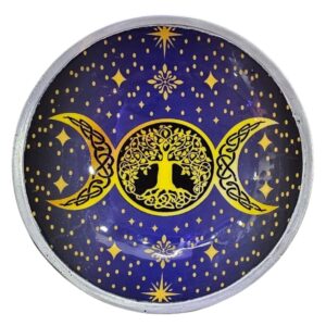 Plato de ofrendas de aluminio esmaltado con tres patas, triple luna dorada y árbol de la vida sobre fondo morado