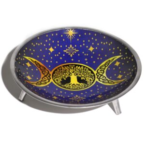 Plato de ofrendas de aluminio esmaltado con tres patas, triple luna dorada y árbol de la vida sobre fondo morado
