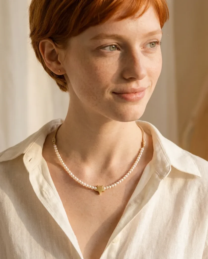 Inicio 6 Collares: modelo con collar de perlas de río y estrella dorada