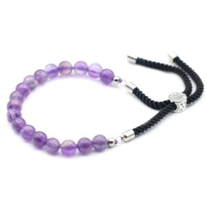 Inicio 15 Pulsera de cuentas de amatista con cordón negro y pasador deslizante plateado