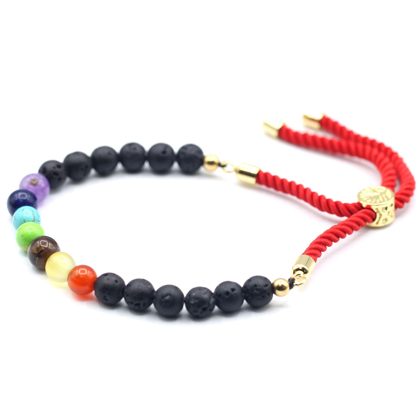 Pulsera de cordón rojo trenzado con cuentas de lava negra, siete cuentas de colores de los chakras y pasador dorado