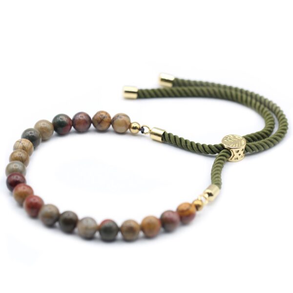 Pulsera de cuentas de jaspe Picasso en tonos tierra con cordón verde musgo y pasador en tono dorado