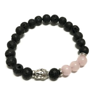 Pulsera elástica de cuentas de lava negra con una cabeza de Buda de tono plateado y cuentas de cuarzo rosa