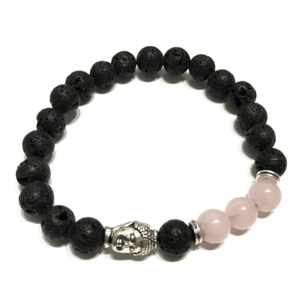 Pulsera elástica de cuentas de lava negra con una cabeza de Buda de tono plateado y cuentas de cuarzo rosa
