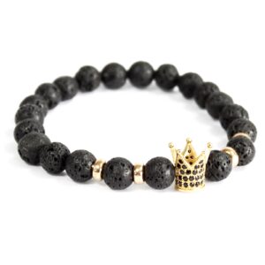 Home 16 Pulsera elástica de cuentas de lava negra con una corona de color dorado y separadores dorados