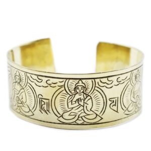 Pulsera tibetana abierta de latón con budas sentados grabados