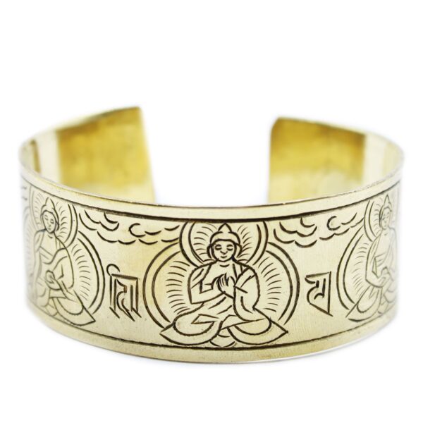 Pulsera tibetana abierta de latón con budas sentados grabados