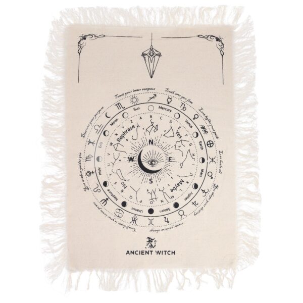 Tela de algodón crudo con flecos y estampado negro: ojo dentro de una luna creciente, planetas y signos del zodiaco