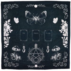 Tapete de tarot negro de 75 x 75 cm con polilla, mariposas, rosas silvestres, setas y tres marcos centrales estampados en blanco