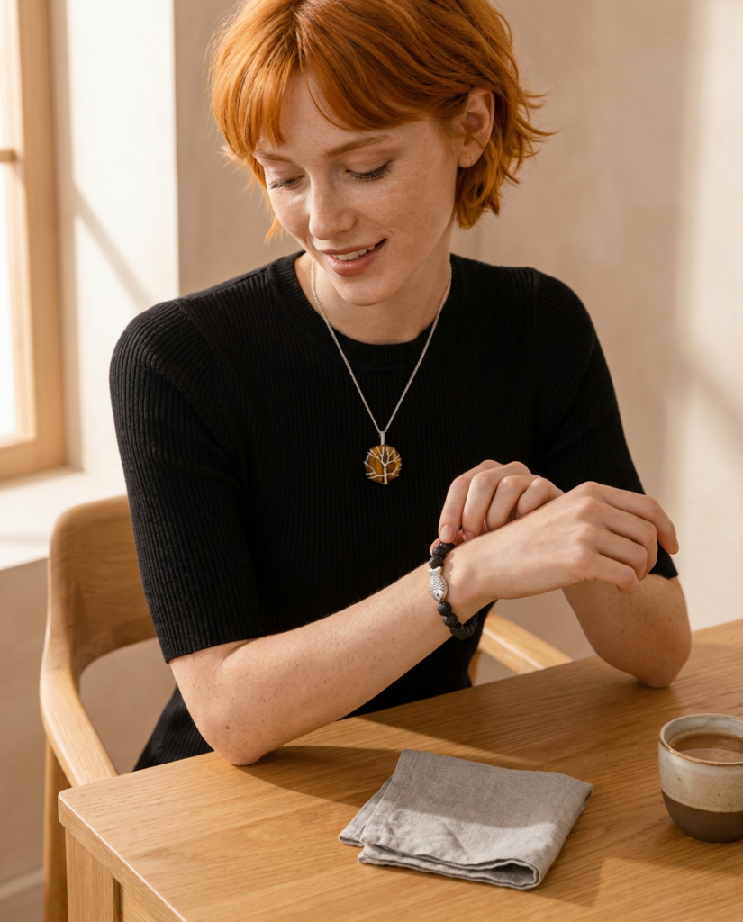 Tipos de joyas: qué piezas existen, cómo se hacen y cuál elegir para cada ocasión 3 Modelo pelirroja eligiendo joyas en una mesa de madera, con un collar Árbol de la Vida de ojo de tigre y una pulsera elástica de lava y amatista