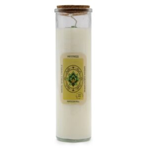 Vela ritual Felicidad en tarro de vidrio con tapón de corcho y etiqueta amarilla con flor de loto
