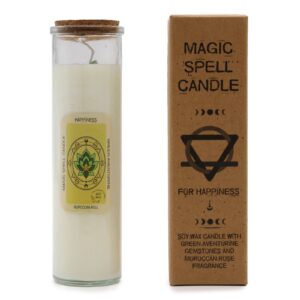 Vela ritual Felicidad en tarro de vidrio con tapón de corcho y etiqueta amarilla con flor de loto