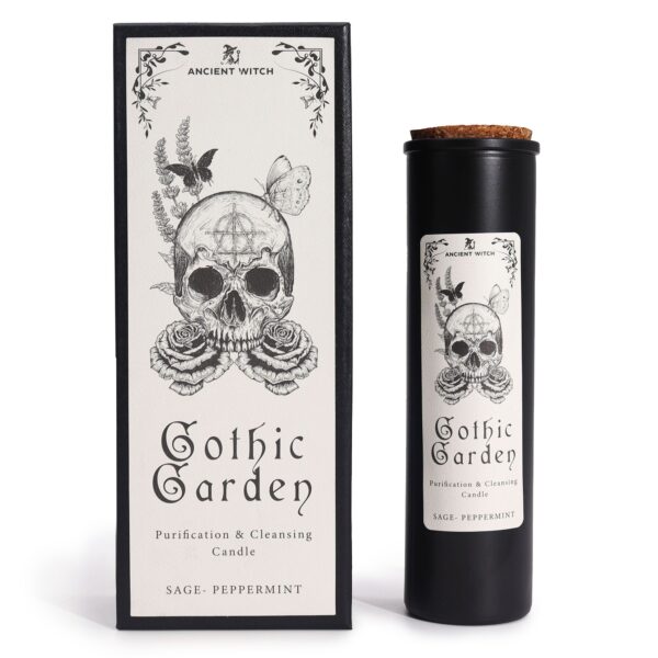 Vela ritual Jardín gótico en vaso negro junto a su caja ilustrada con una calavera entre rosas