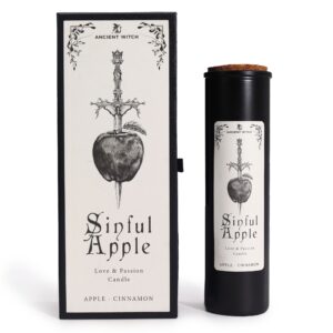 Vela ritual Manzana pecaminosa en vaso negro junto a su caja con una manzana atravesada por un puñal