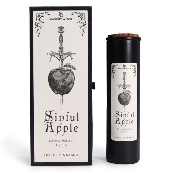 Vela ritual Manzana pecaminosa en vaso negro junto a su caja con una manzana atravesada por un puñal