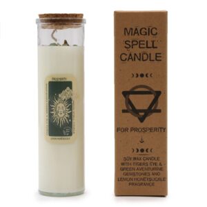 Vela ritual Prosperidad en tarro alto de vidrio con tapón de corcho y etiqueta verde con un sol