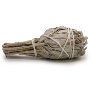 Antorcha de salvia blanca con cabeza ancha de hojas y mango de tallos atados con hilo blanco