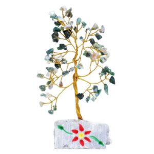 Árbol de ágata musgo con lascas verdes y blancas en ramas de alambre dorado sobre base de jaspe gris con flor roja pintada