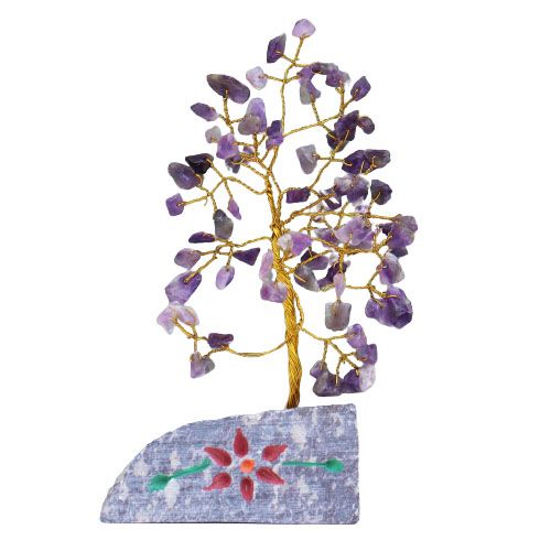 Árbol de amatista con ramas de alambre dorado y lascas violetas sobre una base de jaspe gris con una flor roja pintada