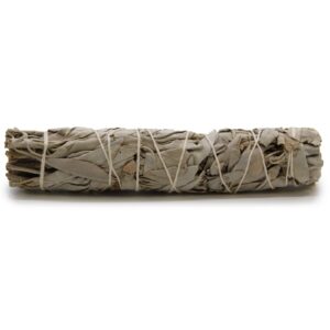 Atado de salvia blanca de 15 cm, hojas grises secas enrolladas y atadas con hilo blanco