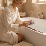 Baño ritual: para qué sirven las sales y las bombas de baño 5 Frasco de vidrio con sales de baño violetas y pétalos de rosa junto a una bañera, con un amuleto de piedra al lado