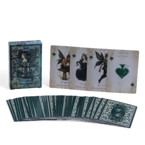 Caja de la baraja Fae Realm con una reina hada de pelo verde y alas, sobre fondo verde azulado