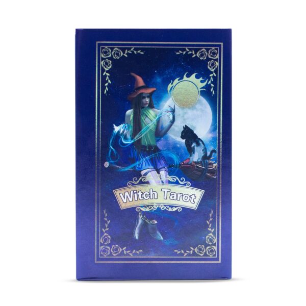 Caja azul de la baraja de tarot de brujas con una bruja de sombrero naranja, la luna llena y un gato negro